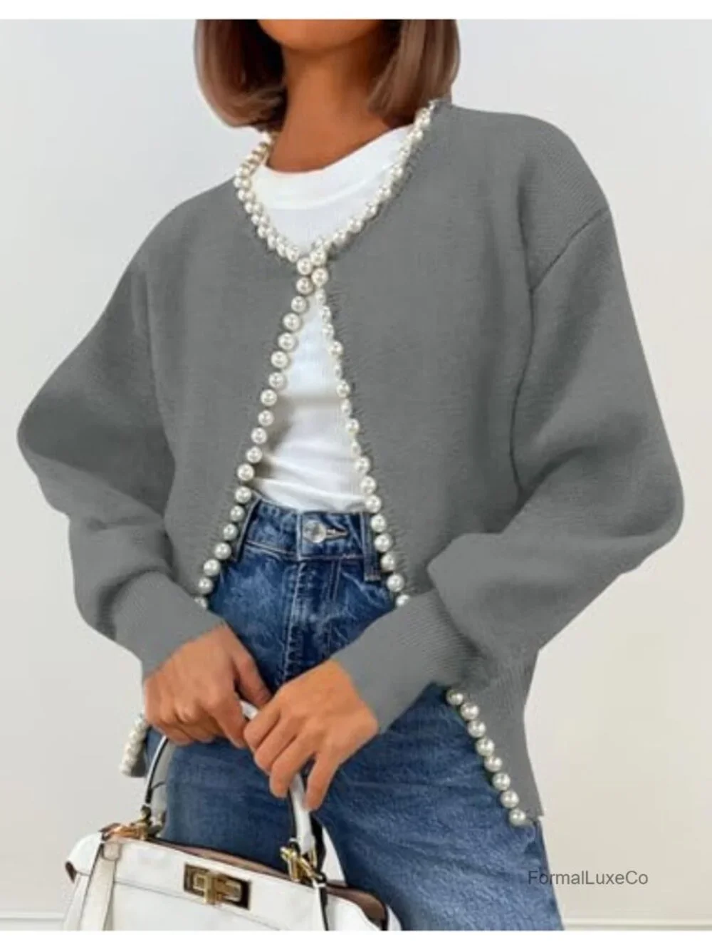 Kedera Pearl Cardigan Women's Elegant Embellished Long Sleeve Oversized Knit